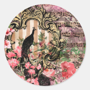 Sticker Rond Vintage note florale paon rose et or