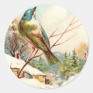Sticker Rond Vintage oiseau bleu hiver