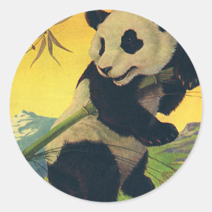 Sticker Rond Vintage Ours Panda Mange Bambou, Animal Sauvage