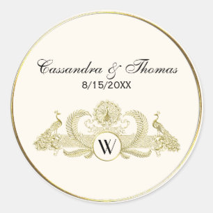 Sticker Rond Vintage Paons Monogramme Ivoire Or Faux BG