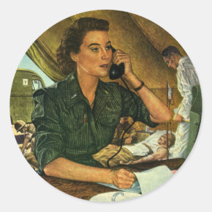 Sticker Rond Vintage patriotique, infirmière Médicale au téléph