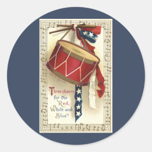 Sticker Rond Vintage Patriotique, Tambours avec notes musicales
