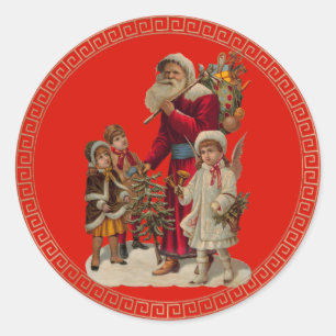 Sticker Rond Vintage Père Noël et amis Noël
