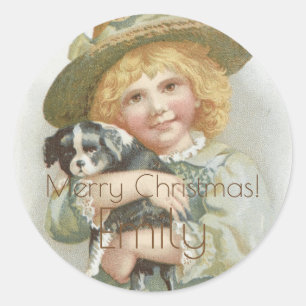 Sticker Rond Vintage petite fille petit chien Joyeux Noël