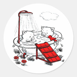 Sticker Rond Vintage Piggies & Bird In Bath