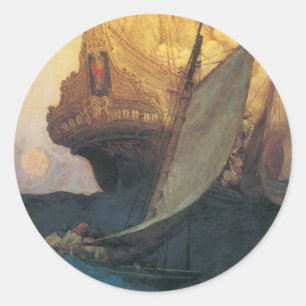 Sticker Rond Vintage Pirate, attaque contre un galion par Howar
