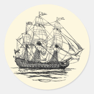 Sticker Rond Vintage Pirates Galleon, croquis d'un navire à 74 