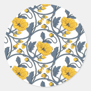 Sticker Rond Vintage Poppies de pavot Fleurs Carreaux Design