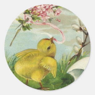 Sticker Rond Vintage poussette de Pâques aux fleurs