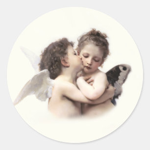 Sticker Rond Vintage Premier baiser Romantique Amour Anges