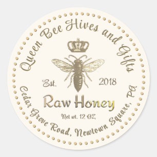 Sticker Rond Vintage Queen Bee Honey Gold Crown Script Ivoire