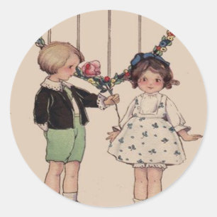 Sticker Rond Vintage Retro Garçon Donner Fleur Valentine