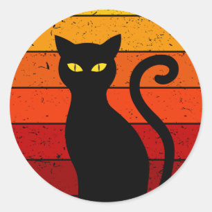 Sticker Rond Vintage Retro Sunset Halloween Chat Noir I