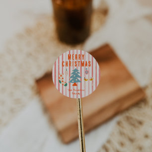 Sticker Rond Vintage rouge coloré Illustré Noël hiver