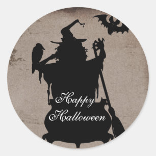 Sticker Rond Vintage Rustic Halloween Witch Cauldron Party