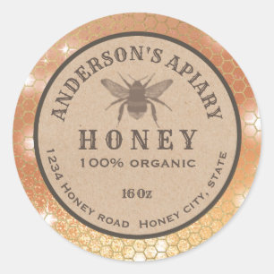 Sticker Rond Vintage rustique Kraft abeille nid d'abeille miel 