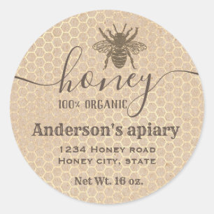 Sticker Rond Vintage rustique Kraft script d'abeille miel pot d