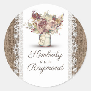 Sticker Rond Vintage rustique Mason Jar Mariage Burlap