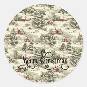 Sticker Rond Vintage Rustique Noël Pays Paysage hiver