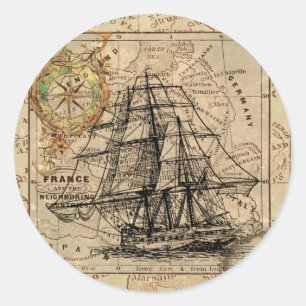Sticker Rond Vintage Sailing Ship and Old European Map