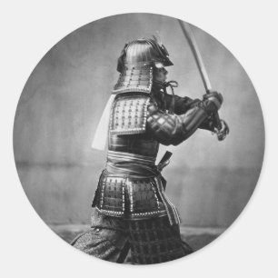 Sticker Rond Vintage Samurai avec épée et portrait d'art Dagger
