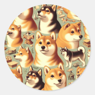 Sticker Rond Vintage Shiba Inu Motif sans couture
