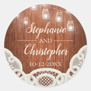 Sticker Rond Vintage String Lights Mason Jar Lace Mariage en bo