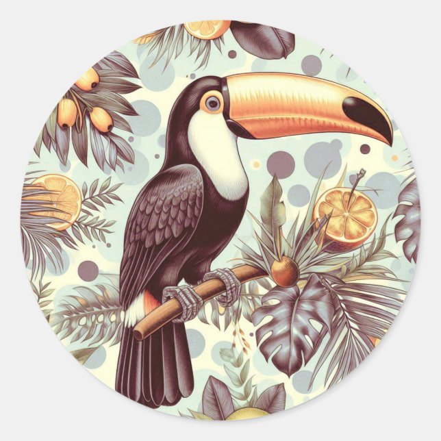 Sticker Rond Vintage Toucan Tropical Motif (Devant)