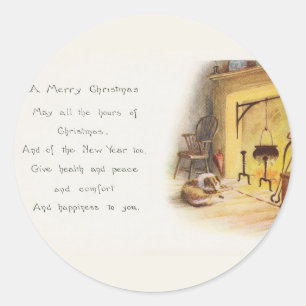 Sticker Rond Vintage Un joyeux poème de Noël Chien et cheminée
