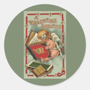 Sticker Rond Vintage Valentine's Day Angel, livre de lecture mi