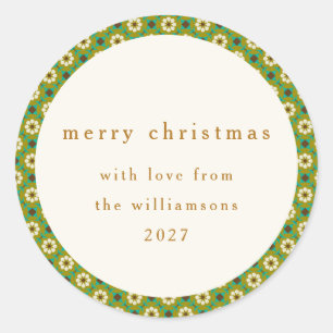 Sticker Rond Vintage vert Boho Floral Custom Joyeux Noël