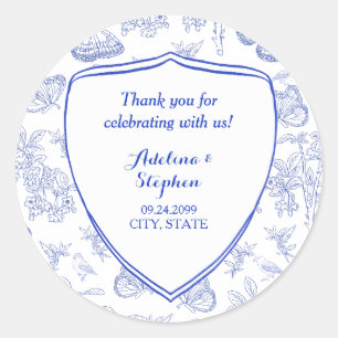 Sticker Rond Vintage Victorian Elegant Crest Blue Toile Mariage
