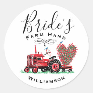 Sticker Rond Vintage Vieux Tracteur Rouge Cardiaque Mariée Ferm