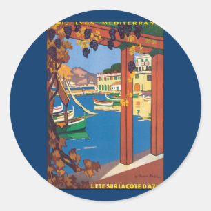 Sticker Rond Vintage voyage, Côte d'Azur Mer Méditerranée