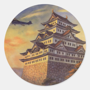 Sticker Rond Vintage voyage Japon, Pagode Japonaise Avion