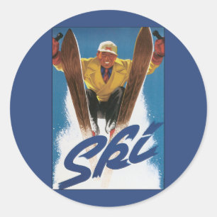 Sticker Rond Vintage voyage, Skier sportif Ski en hiver neige
