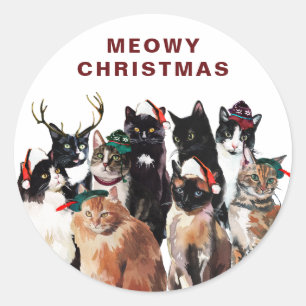 Sticker Rond Vintage Watercolor Cat Clowder Meowder Noël