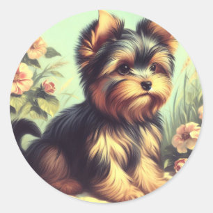 Sticker Rond Vintage Yorkshire Terrier peinture