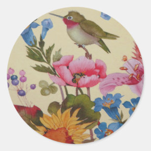Sticker Rond Vintages amis des colibris Fleurs sauvages