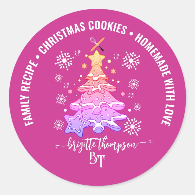 Sticker Rond Violet Arbre de Noël Cookie Baking Crew Snowflake (Devant)