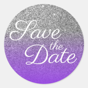 Sticker Rond Violet Argent Ombré Pailleté Enregistrer la Date