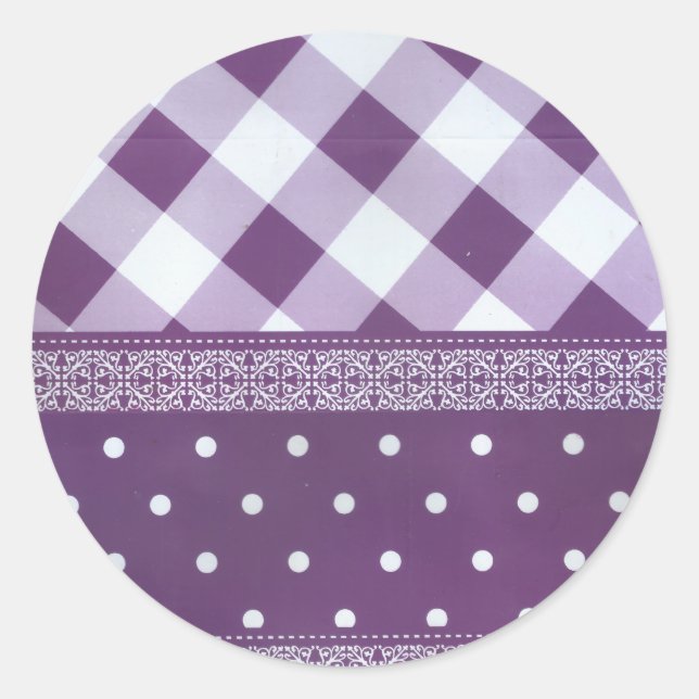 Sticker Rond Violet blanc À damiers Polka Dot Floral Damask Art (Devant)