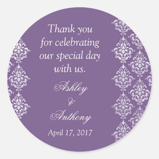 Sticker Rond Violet blanc Damask Arabesque Mariage personnalisé (Devant)