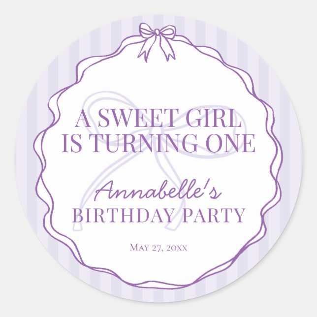 Sticker Rond Violet Coquette Bow Pastel Sceau Invitation d'anni (Devant)
