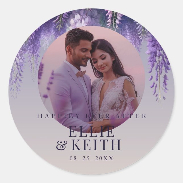 Sticker Rond Violet dégradant Joyeusement Jamais Après Mariage  (Devant)