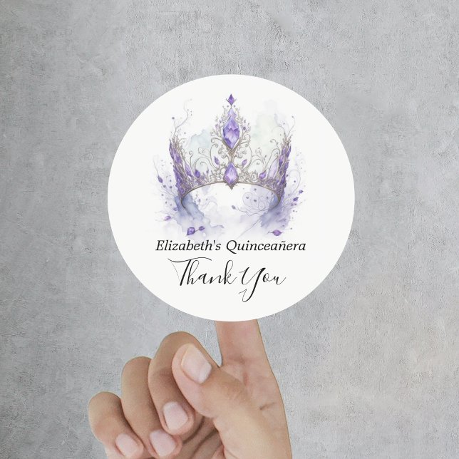 Sticker Rond Violet Lilac Tiara Quinceañera Merci (Purple Lilac Tiara Quinceañera Thank You Classic Round Sticker
)
