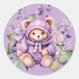 Sticker Rond Violet mignon Ours En Teddy Floral Fille Baby show