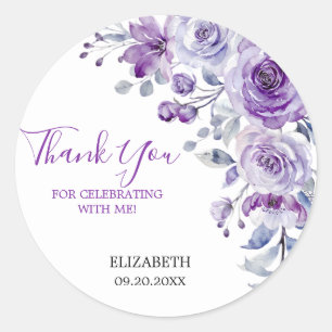 Sticker Rond Violet Rose verdure Floral Anniversaire Merci