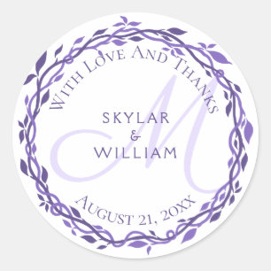 Sticker Rond Violet Woodsy Mariage Monogramme Amour Et Merci