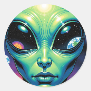 Sticker Rond Visage Alien avec des planètes Réflexions dans les